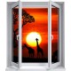 Sticker trompe l'oeil fenêtre 2 vantaux Savane africaine couché de soleil