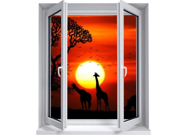 Sticker trompe l'oeil fenêtre 2 vantaux Savane africaine couché de soleil