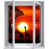 Sticker trompe l'oeil fenêtre 2 vantaux Savane africaine couché de soleil
