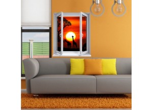 Sticker trompe l'oeil fenêtre 2 vantaux Savane africaine couché de soleil