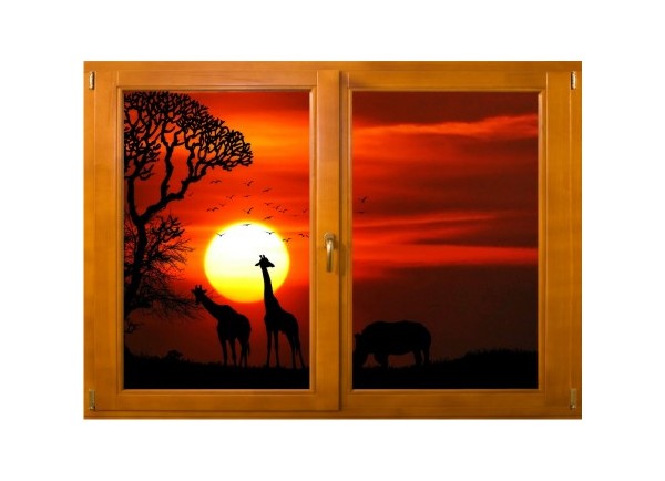 Sticker trompe l'oeil fenêtre bois Savane africaine couché de soleil