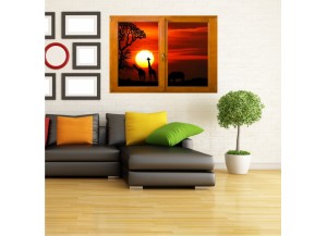 Sticker trompe l'oeil fenêtre bois Savane africaine couché de soleil