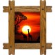 Sticker trompe l'oeil fenêtre cadre bois Savane africaine couché de soleil