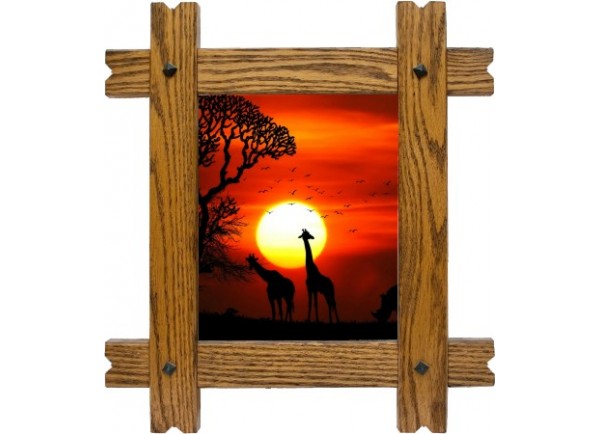 Sticker trompe l'oeil fenêtre cadre bois Savane africaine couché de soleil