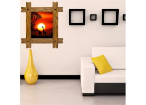 Sticker trompe l'oeil fenêtre cadre bois Savane africaine couché de soleil