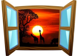 Sticker trompe l'oeil fenêtre cartoon bois Savane africaine couché de soleil