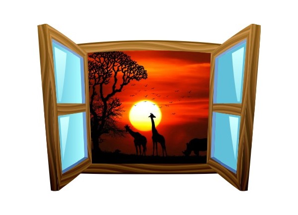 Sticker trompe l'oeil fenêtre cartoon bois Savane africaine couché de soleil