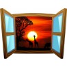 Sticker trompe l'oeil fenêtre cartoon bois Savane africaine couché de soleil