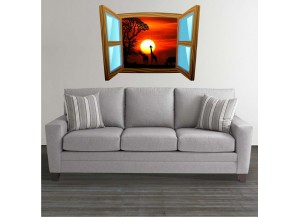 Sticker trompe l'oeil fenêtre cartoon bois Savane africaine couché de soleil