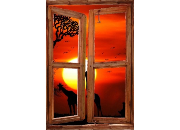 Sticker trompe l'oeil fenêtre cassée Savane africaine couché de soleil