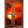 Sticker trompe l'oeil fenêtre cassée Savane africaine couché de soleil