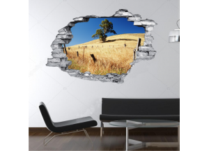 Sticker trompe l'oeil 3D mur déchiré prairie desertique