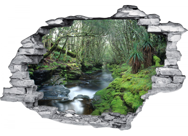 Sticker trompe l'oeil 3D mur déchiré riviere tropicale