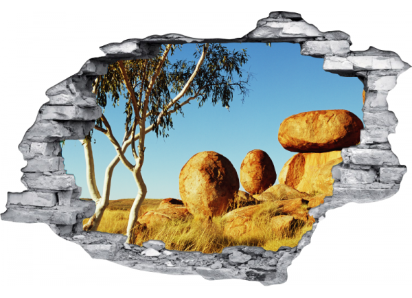 Sticker trompe l'oeil 3D mur déchiré rocher ronds dans la desert