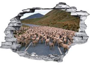 Sticker trompe l'oeil 3D mur déchiré mouton sur la route