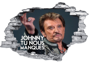 Sticker trompe l'oeil 3D mur déchiré Johnny Hallyday tu nous manques