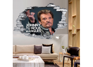 Sticker trompe l'oeil 3D mur déchiré Johnny Hallyday tu nous manques