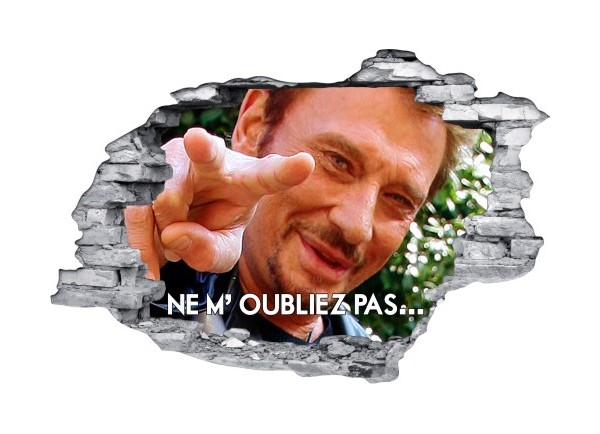 Sticker trompe l'oeil 3D mur déchiré Johnny Hallyday doigt