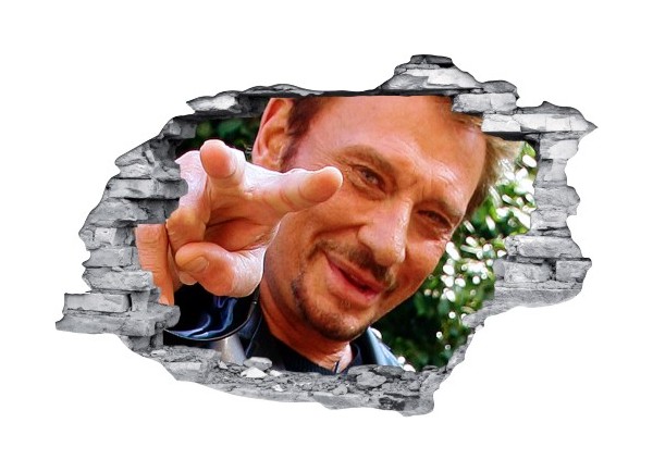 Sticker trompe l'oeil 3D mur déchiré Johnny Hallyday doigt