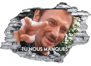 Sticker trompe l'oeil 3D mur déchiré Johnny Hallyday tu nous manques