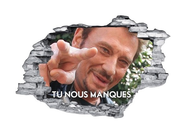 Sticker trompe l'oeil 3D mur déchiré Johnny Hallyday tu nous manques